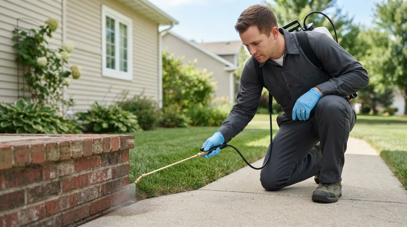 Pest control technician treating a home near Nottingham, NH
